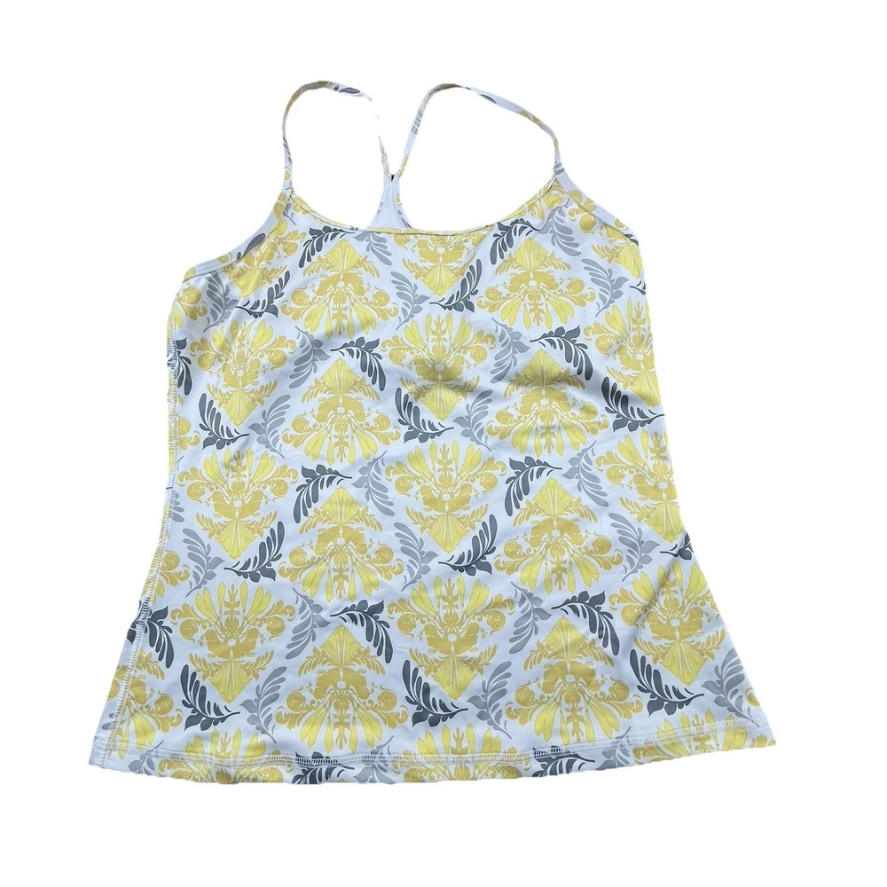 NordicTrack Yoga Tank Top Large Yellow Grey Damask Retro Workout Granola
